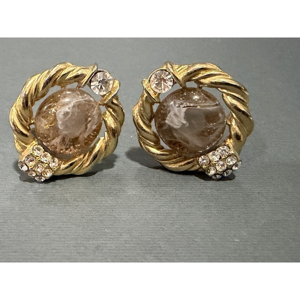 Vintage Glass Cabochon Rhinestone Gold Tone Rope Twist Clip On Earrings
